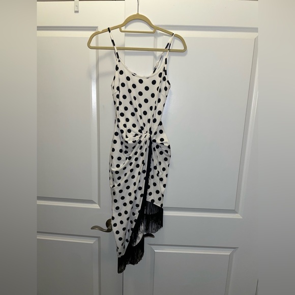 Venus- black and white polka dotted asymmetrical fringe dress - Picture 2 of 3
